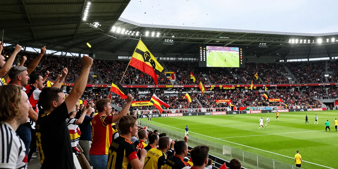 Jupiler Pro League wedstrijd met fanatieke supporters en spelers in actie.