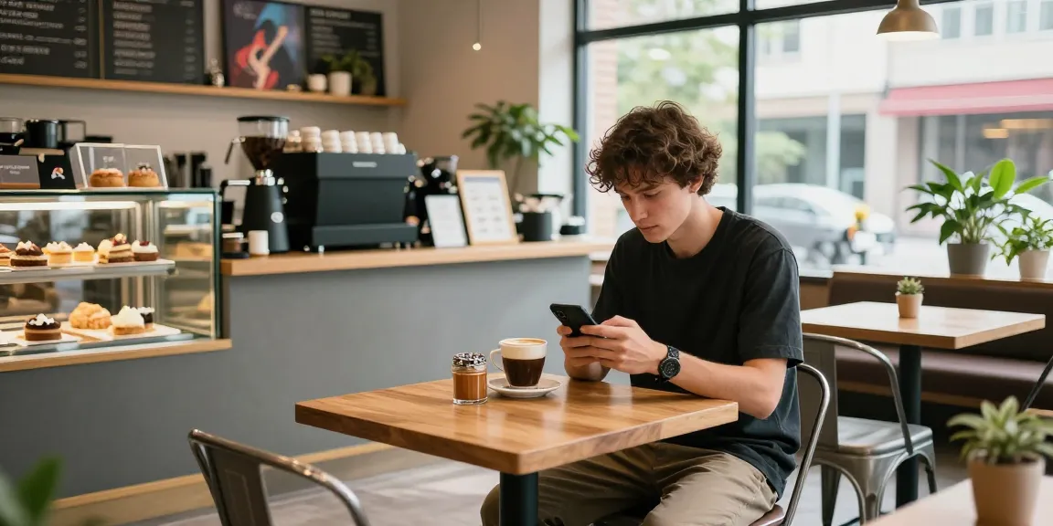 Enjoying rokok88 coffee in a trendy café with pastries and urban vibe.