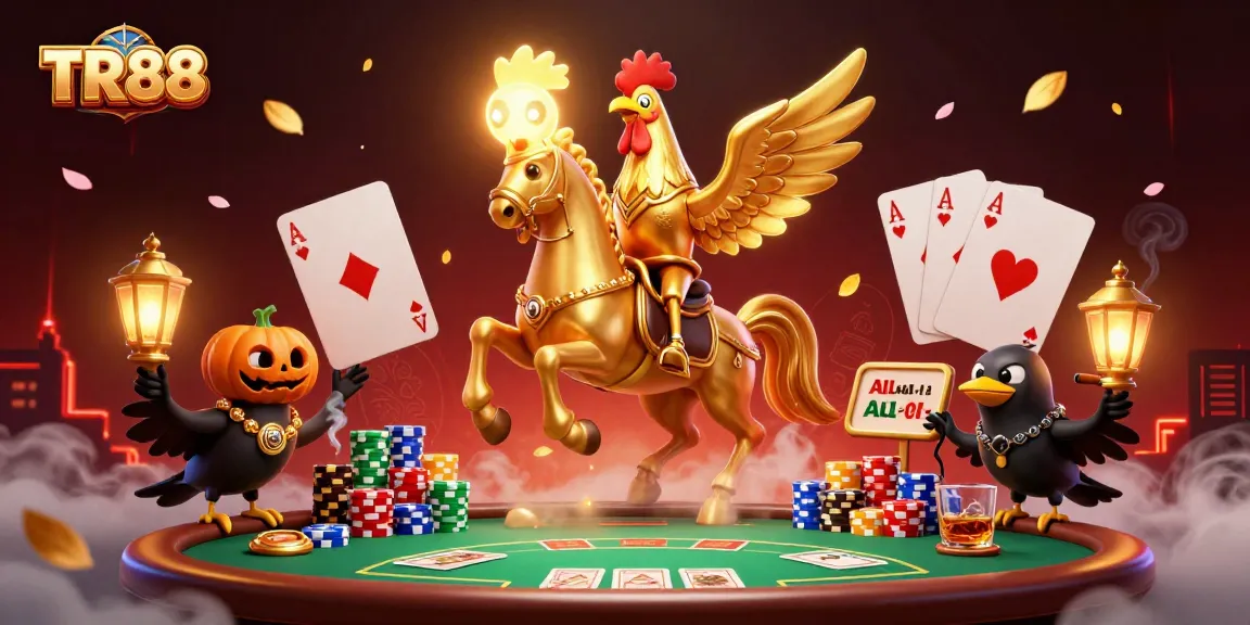 Experience the vibrant world of TR88 with a golden rooster riding a spectral horse in a lively casino scene.