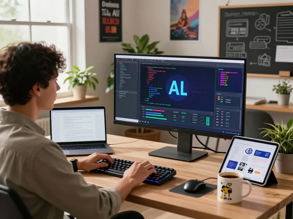 Developer creating advanced juicy ai applications in a modern workspace filled with technology and inspiration.