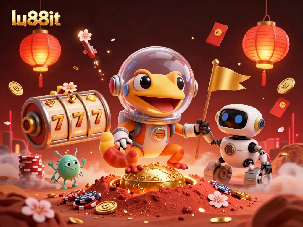 Play thrilling slot games with lu88it in a vibrant Martian casino scene.