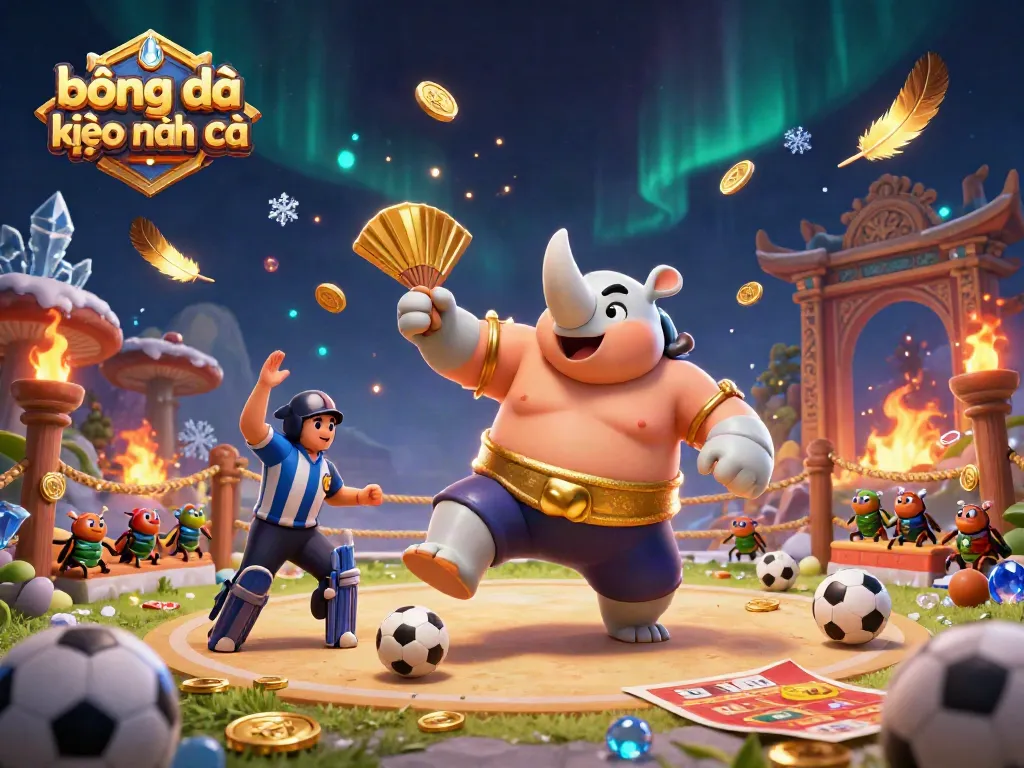 Engaging scene of bóng đá kèo nhà cái betting with dynamic cartoon elements featuring a sumo champion and cricket referee.