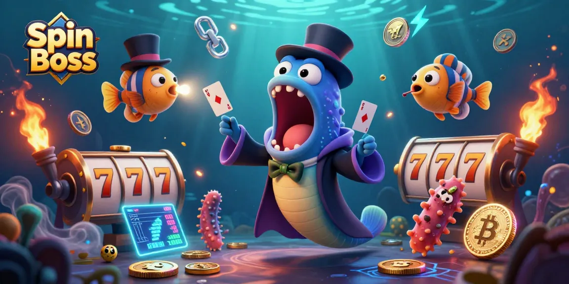 Spin Boss showcases a vibrant casino magic act with underwater characters, vibrant slot machines, and glowing cryptos.