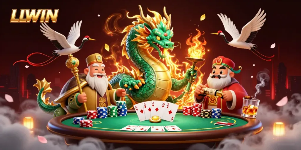 Experience thrilling gaming action with LLWIN, featuring a jade dragon and poker scene.