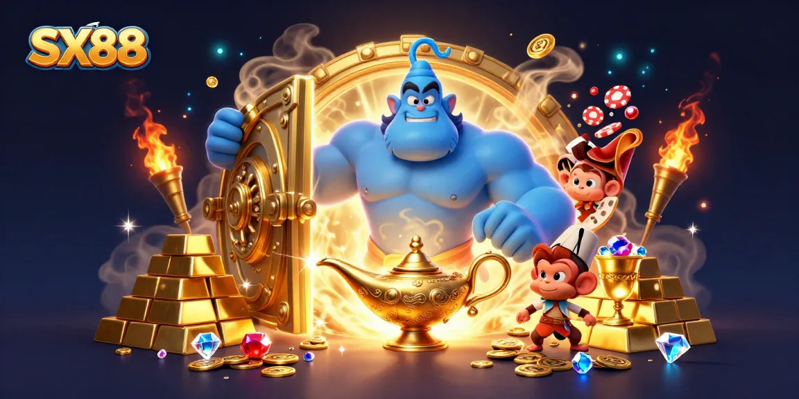 SX88 transports players into a magical casino world, featuring a genie and rich treasures.