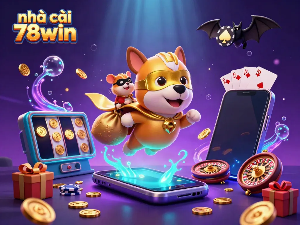 Engage in thrilling gaming with nhà cái 78win's colorful 3D superhero illustration showcasing excitement and rewards.
