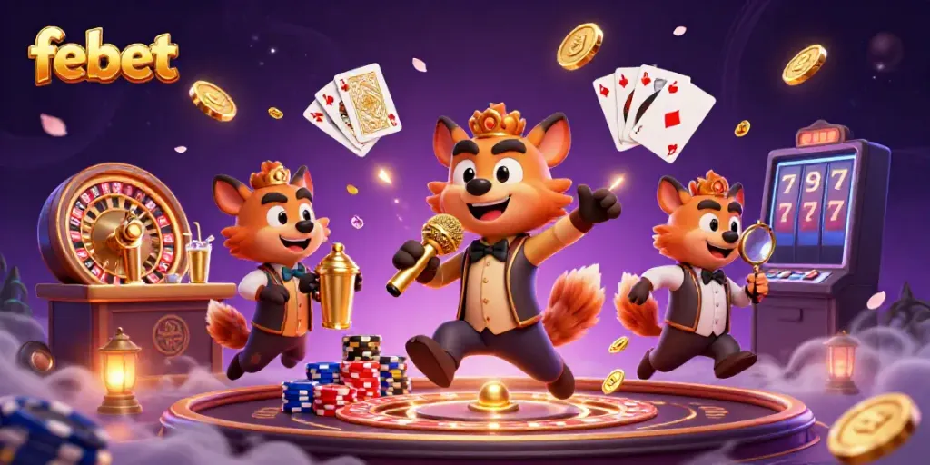 Experience febet's vibrant casino scene with funny hyenas, drinks, and excitement.