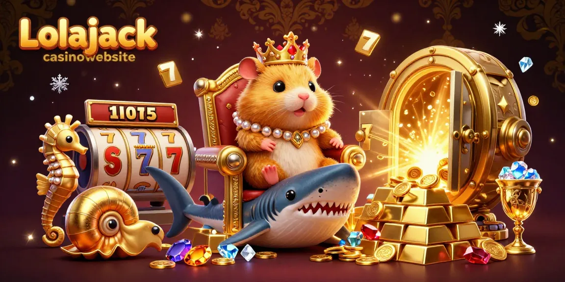 Engaging scene of a golden hamster king on a megalodon throne, surrounded by treasures at Lolajack casinowebsite.