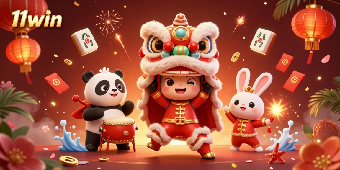 Engage with 11win's vibrant gaming scene featuring festive characters, rewards, and casino elements.