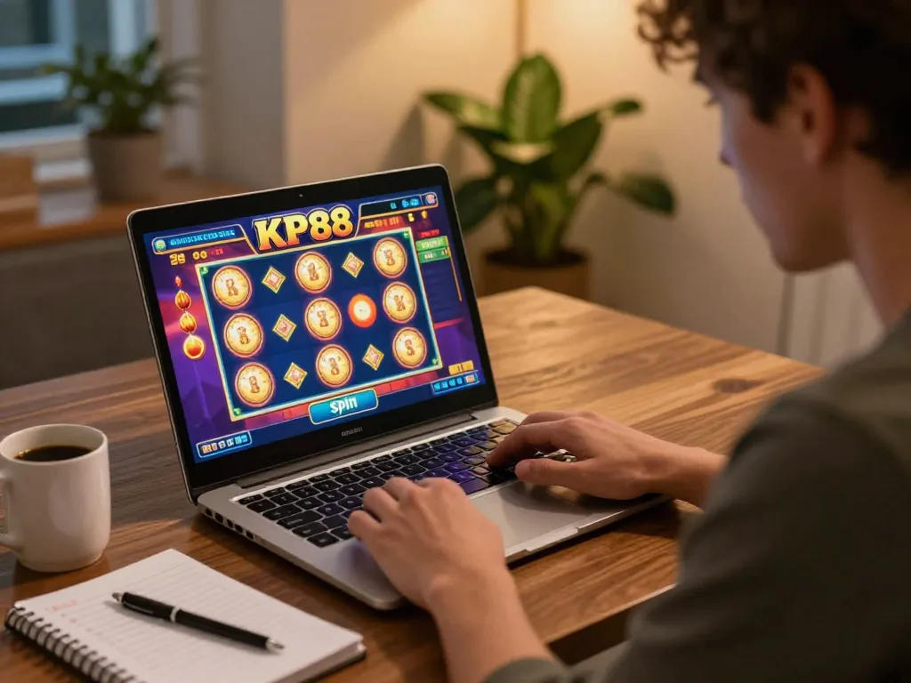Player engaging with KP88's online slots interface at home, highlighting strategic gameplay.