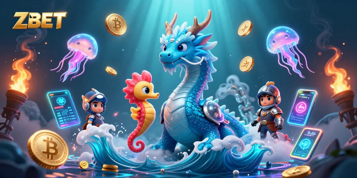 ZBET Casino scene featuring a mystical water dragon and seahorse knight amidst crypto coins and neon jellyfish