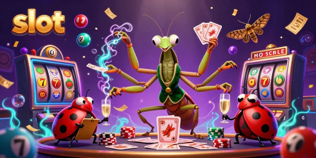 Vibrant slot casino scene with a giant mantis dealer and a ladybug pit boss celebrating wins amid colorful game elements.