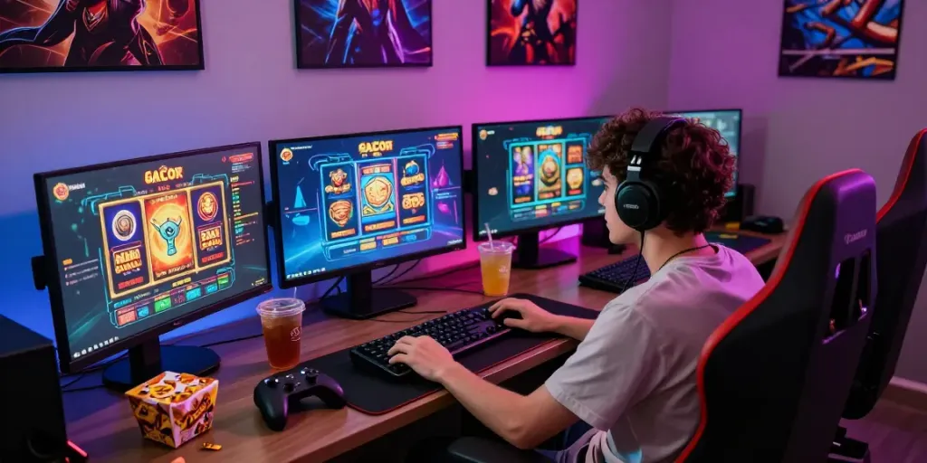 Aktivitas bermain slot gacor di ruang gaming dengan pencahayaan LED yang menarik.