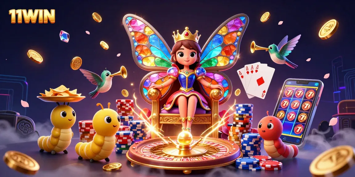 Experience dazzling 11WIN moments with a vibrant butterfly queen in this dynamic casino scene.
