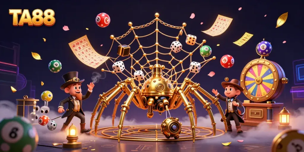 Experience thrilling wins with TA88 in a vibrant casino-themed 3D illustration, featuring dynamic lottery elements.