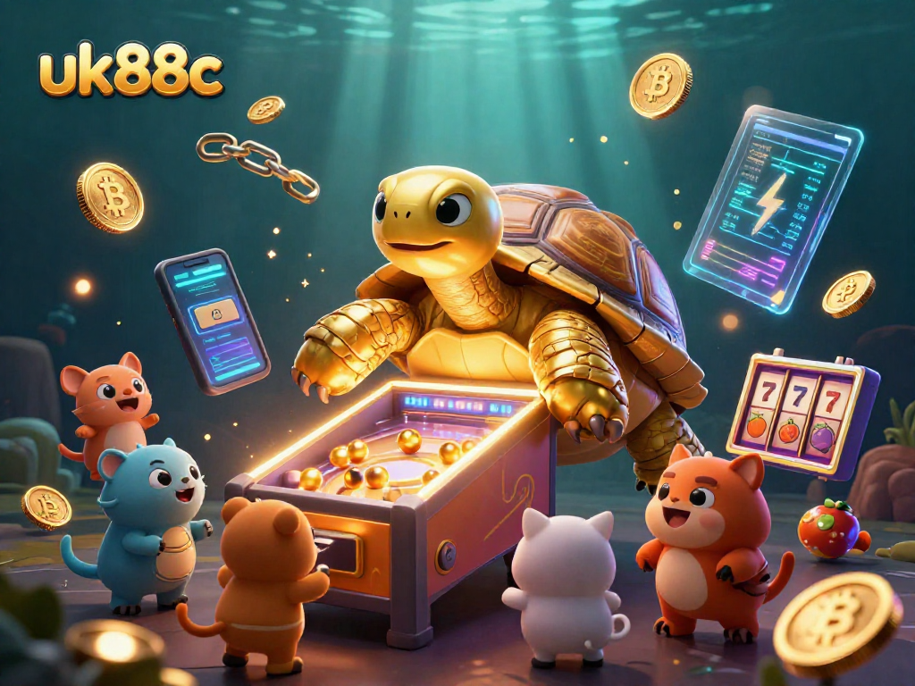 Engage with uk88c's vibrant casino experience featuring a golden tortoise pinball machine amidst crypto elements.