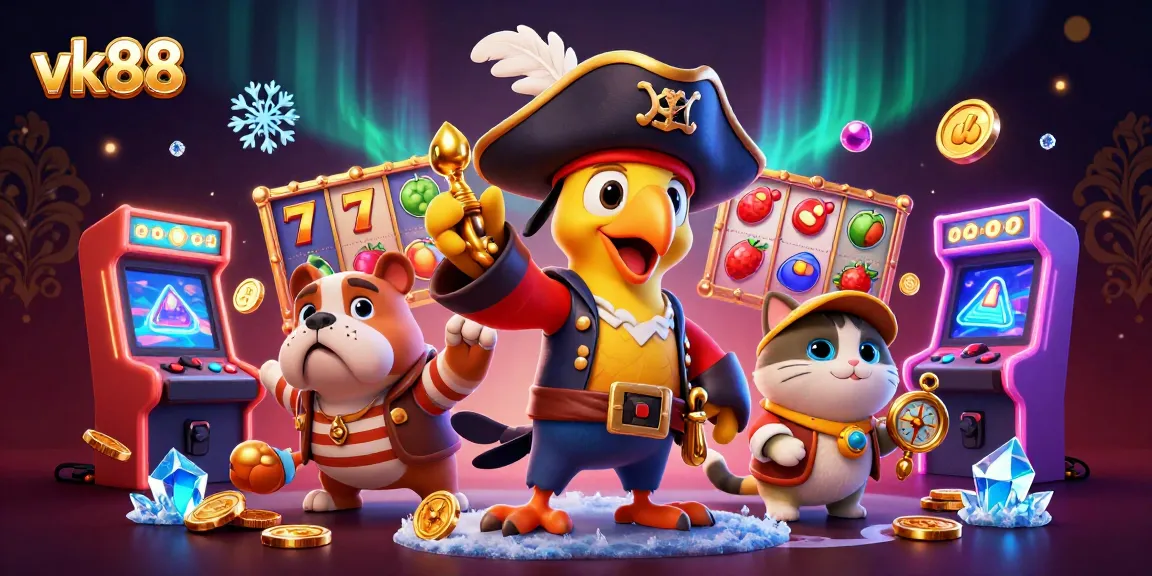 Spin the reels with vk88’s colorful slot machines and pirate characters in a vibrant casino scene.