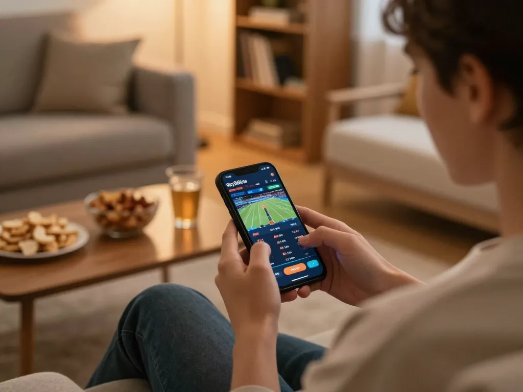 Enjoying a sports betting experience on Sky88live through a smartphone in a cozy living room.