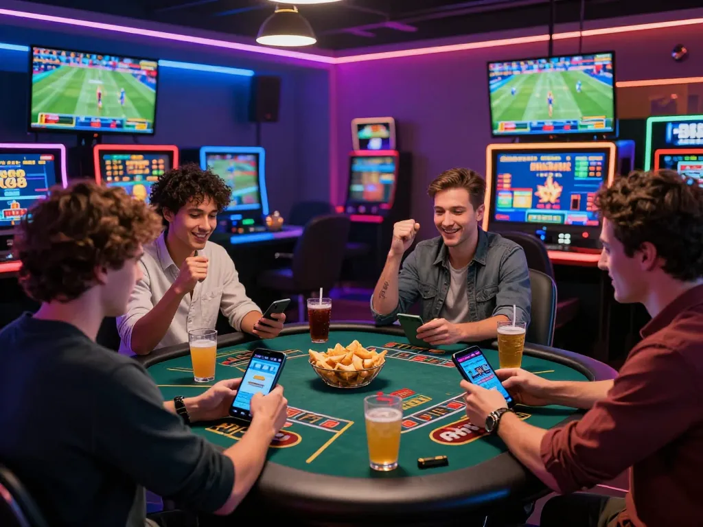 Group of friends engaged in the exciting atmosphere at FB88 online gambling site, enjoying sports betting and casino games.