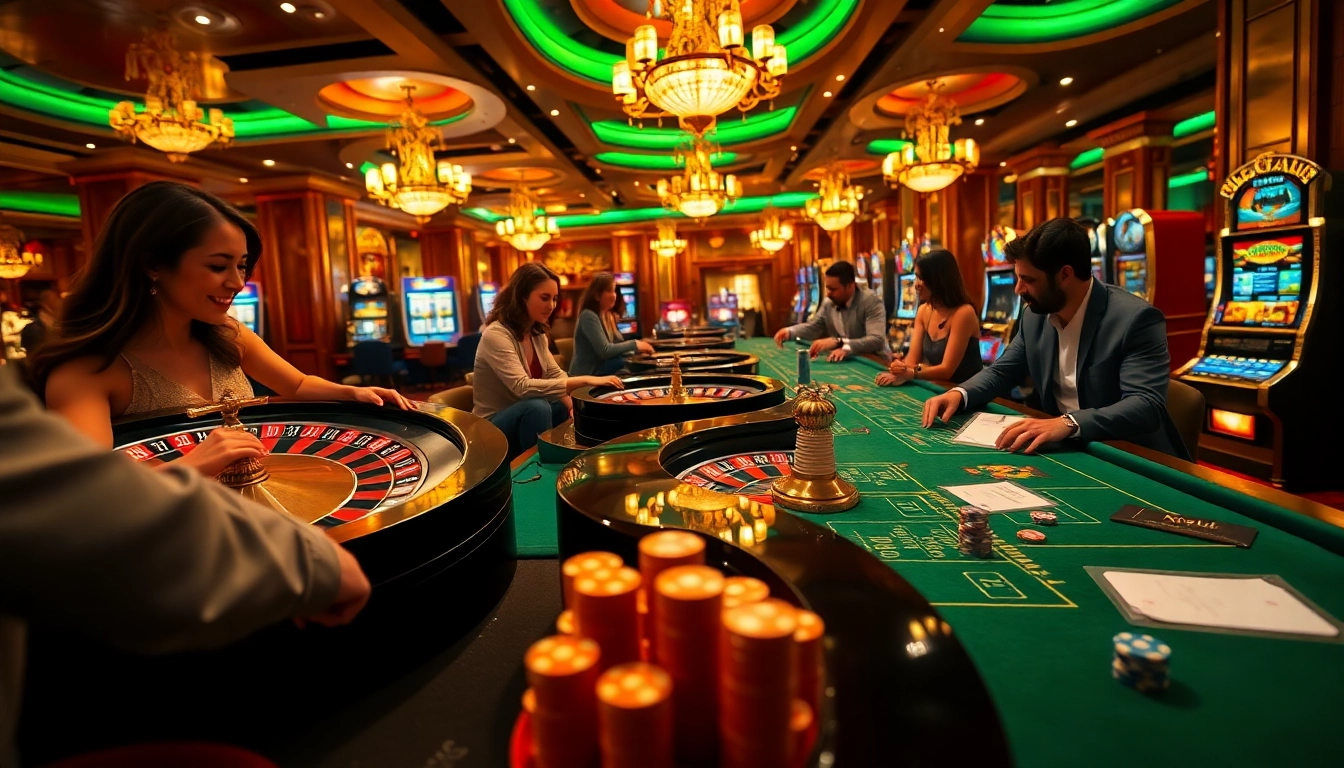Nohu-inspired gaming atmosphere with vibrant roulette and poker tables in a luxurious casino.