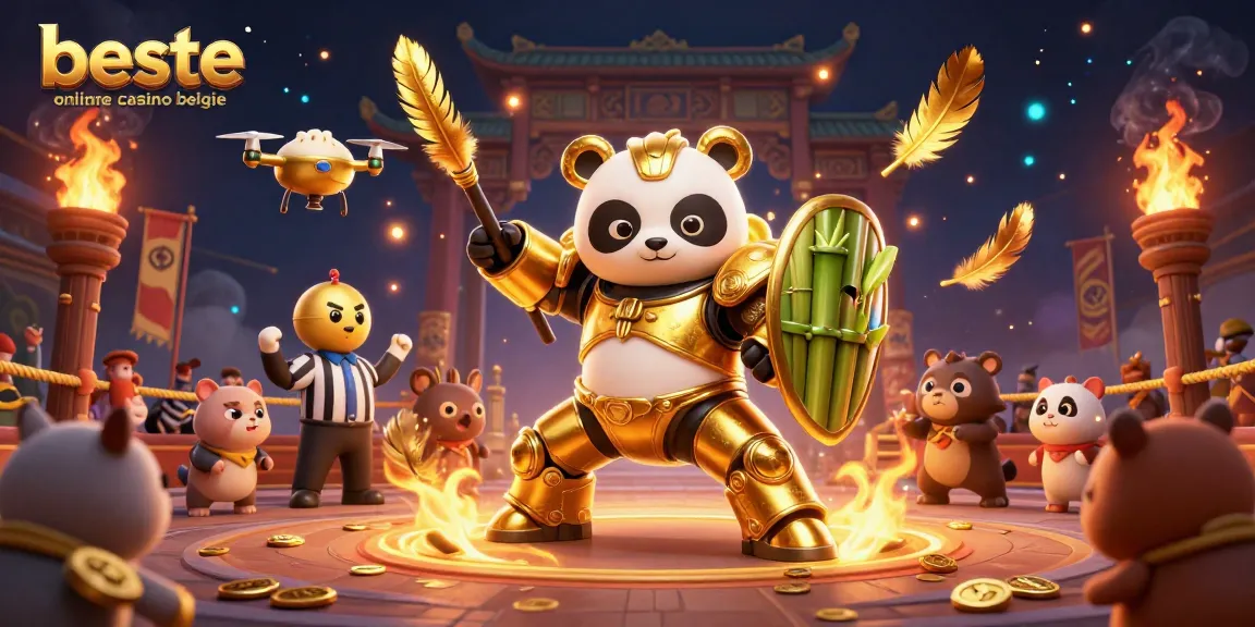 Engage in the exciting world of beste online casino belgie with dynamic 3D illustration depicting a mech-suit panda and thrilling casino scenes.