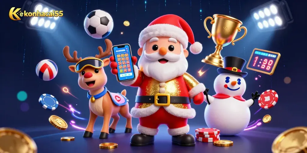 Experience exciting gaming at keonhacai55 with Santa and friends showcasing jackpot slots in a vibrant casino.