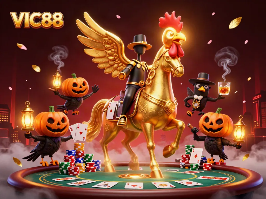 Experience thrilling gameplay at VIC88 with a vibrant midnight casino scene featuring a golden rooster and poker elements.