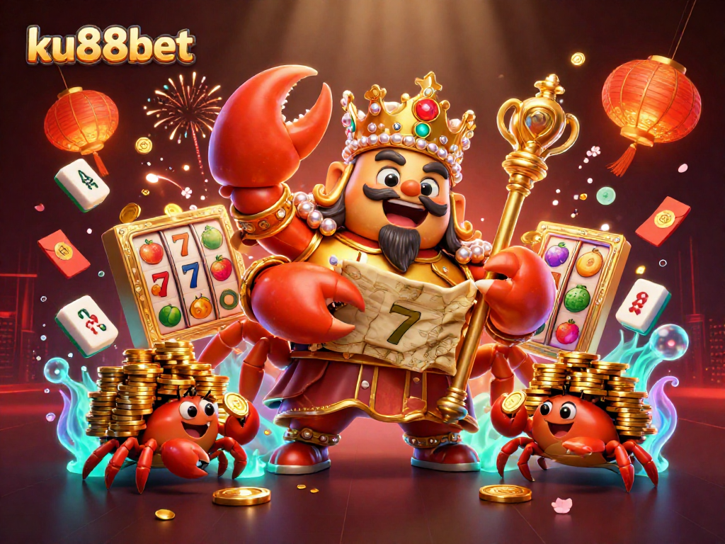 ku88bet showcases thrilling slot adventures with a golden crab emperor and vibrant casino elements