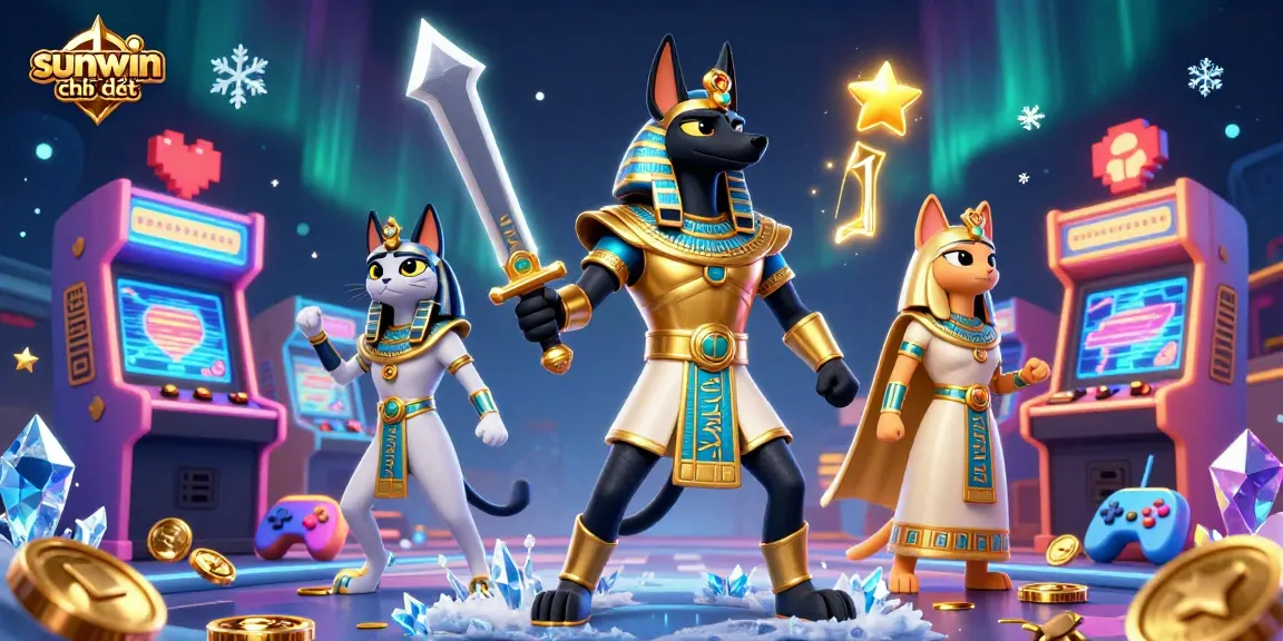 Experience thrilling wins with sunwin chính thức showcasing an ancient Egyptian warrior and his companion in a vibrant casino scene.