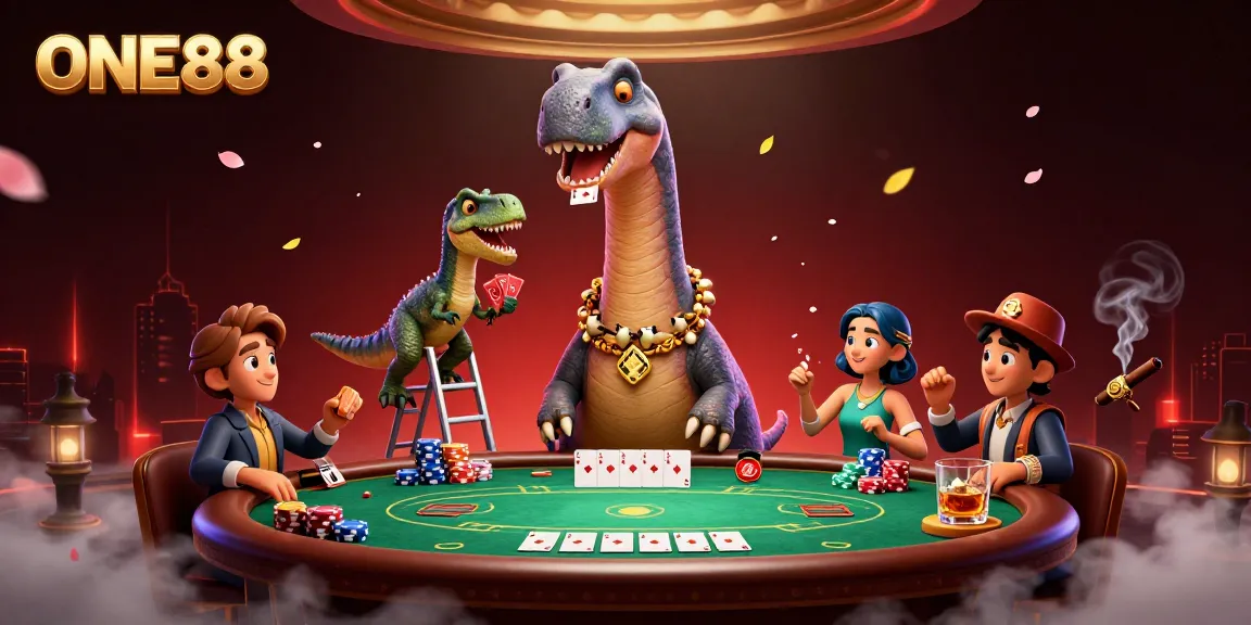 Experience thrilling poker action with the giant ONE88 brontosaurus overseeing the game.
