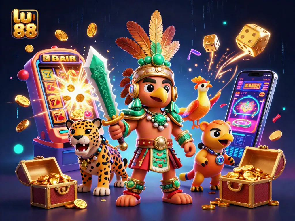 Play thrilling games at lu 88's vibrant casino scene featuring Aztec warriors and jackpots.