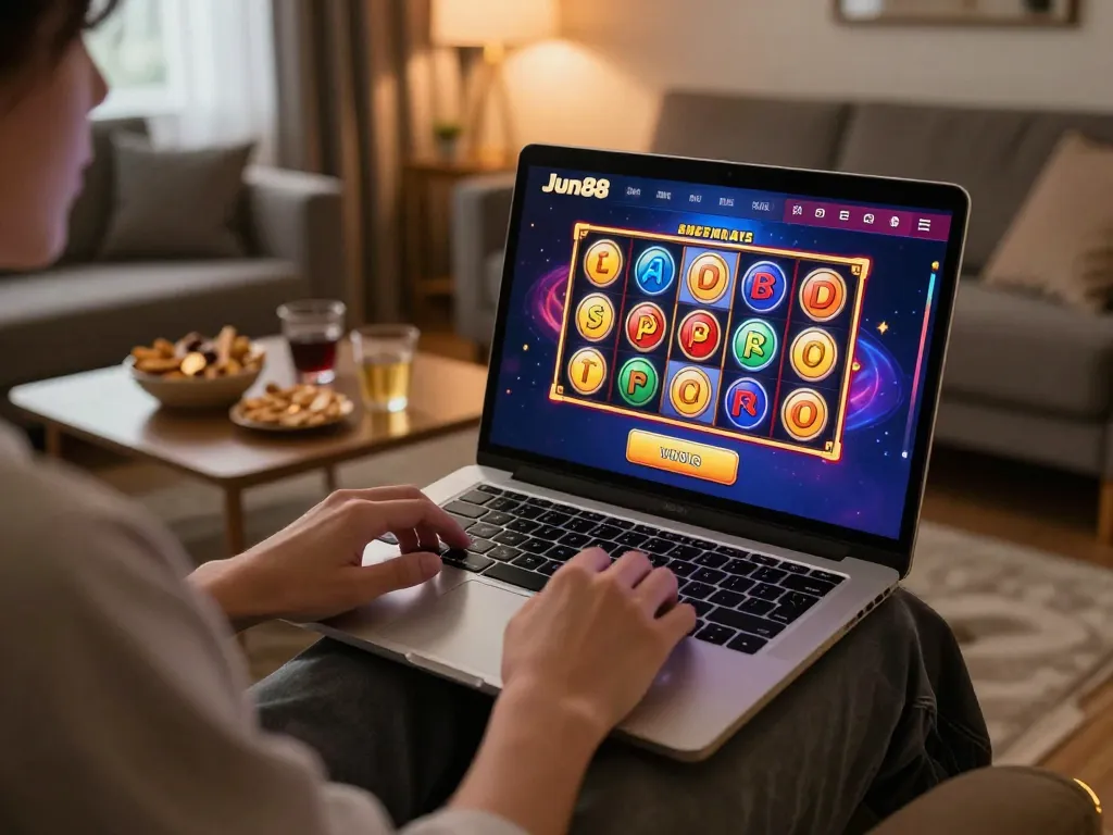 Player enjoying a thrilling Jun88 online gaming experience in a cozy home setting