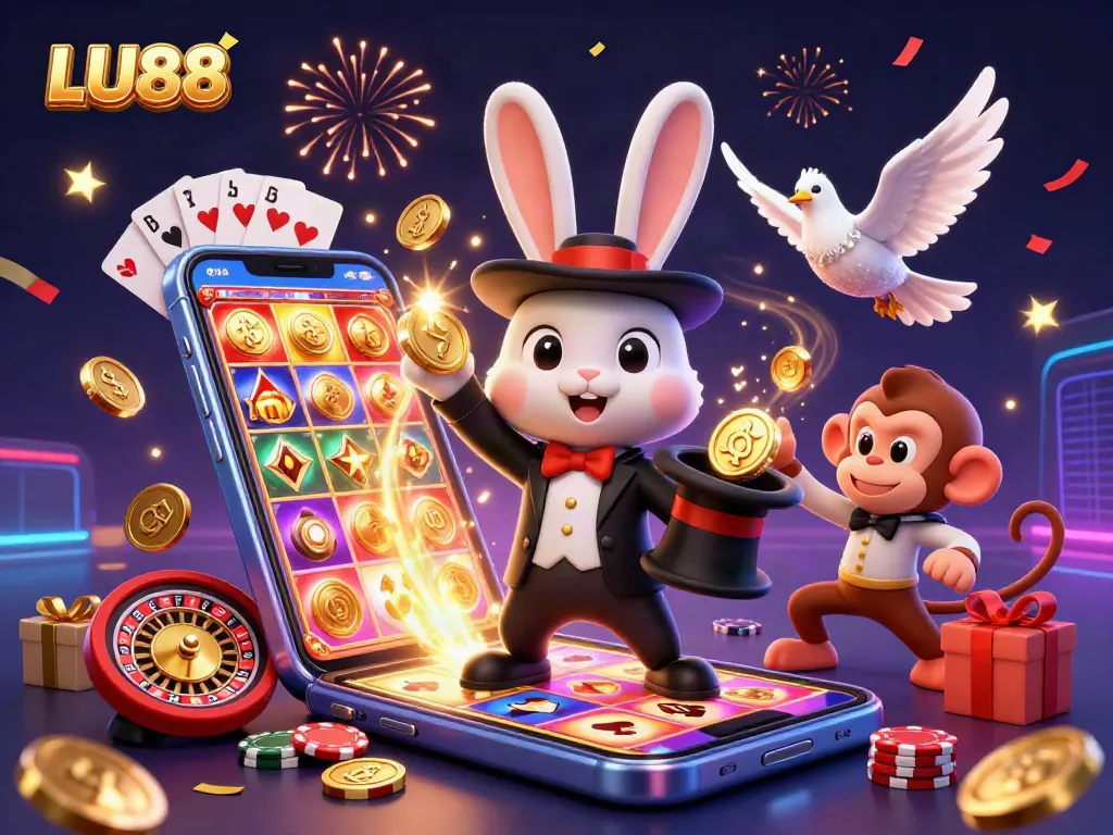 LU88's magical casino scene with a rabbit magician, coins, and vibrant slot games.