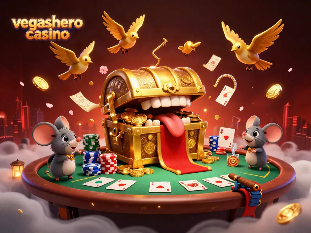 Experience the excitement at vegashero casino with a dynamic 3D illustration of thrilling games and treasures.