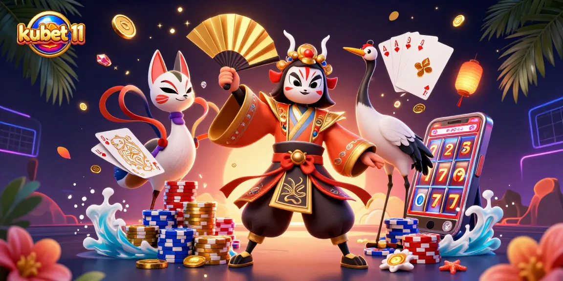Engage with kubet 11 as characters celebrate casino wins with golden coins and vibrant game elements.