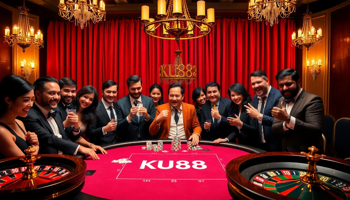 Players strategizing at the KU88 poker table in a luxurious casino environment.