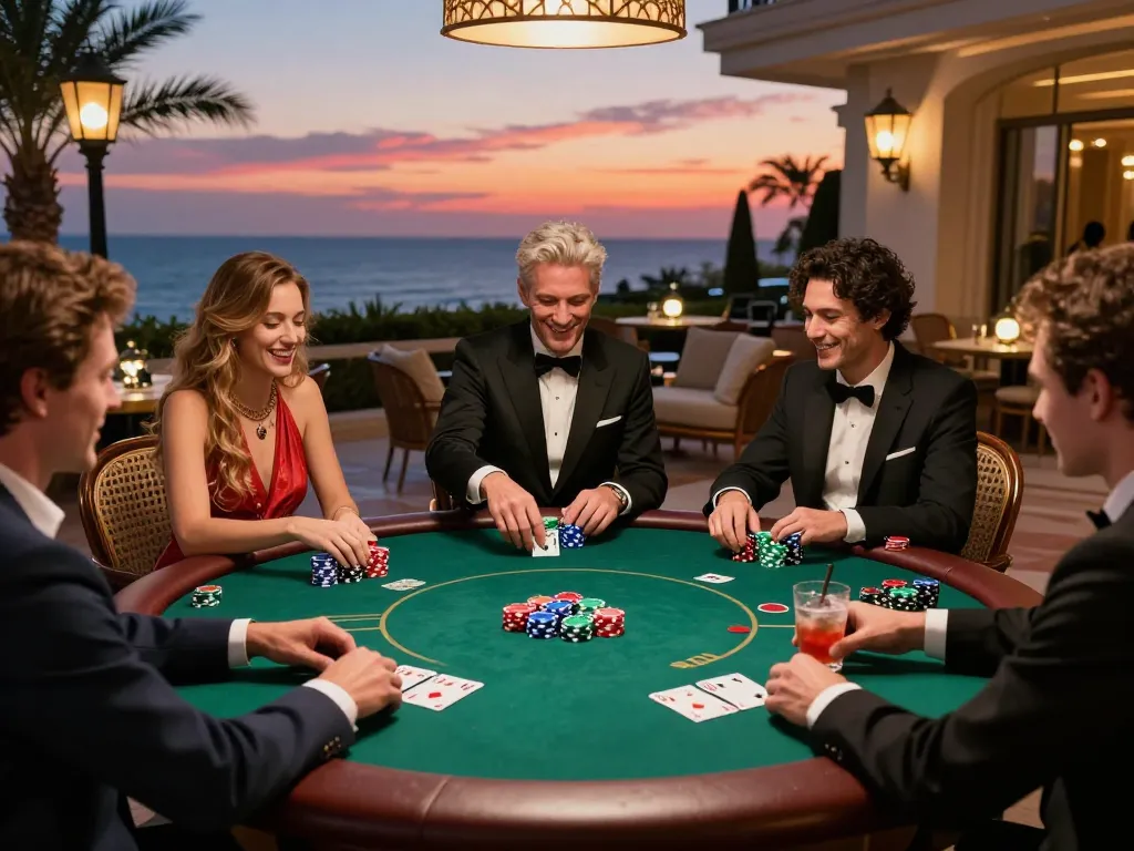Join the lively poker game with friends at a luxury casino, where keonhacai betting strategies unfold.
