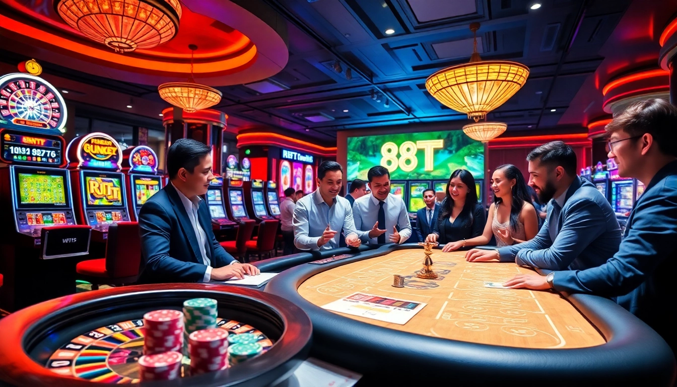 Excited gamblers interacting at a luxury casino while experiencing 88TT games, showcasing vibrant gaming tables and dealers.