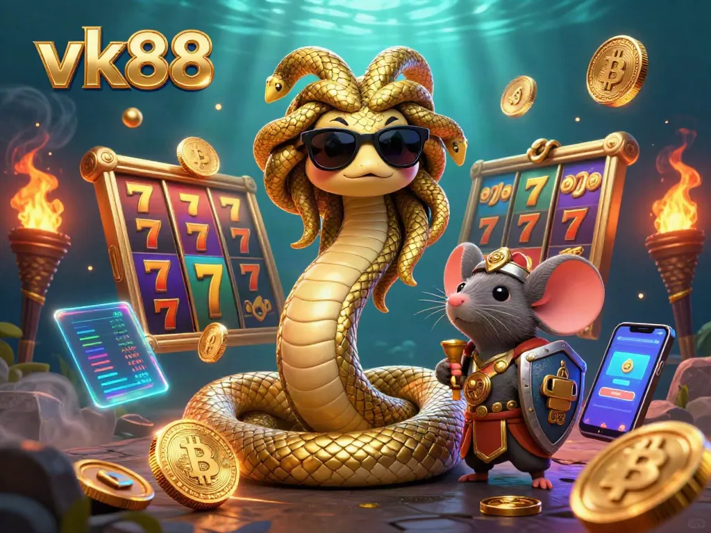 Engage with vk88 slots action featuring Medusa and a warrior mouse in a vibrant casino scene.