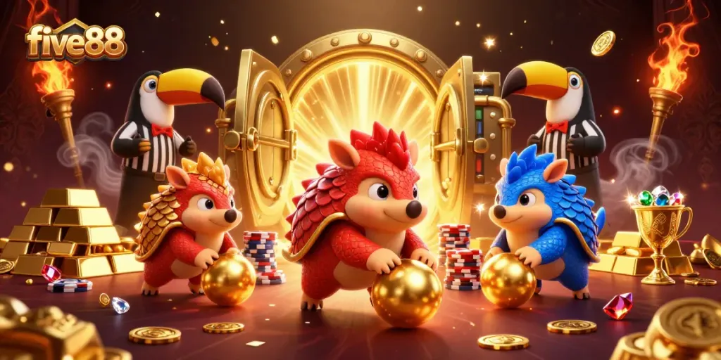 Experience the excitement of five88 with rival pangolins playing a dynamic casino game amidst sparkling treasures.