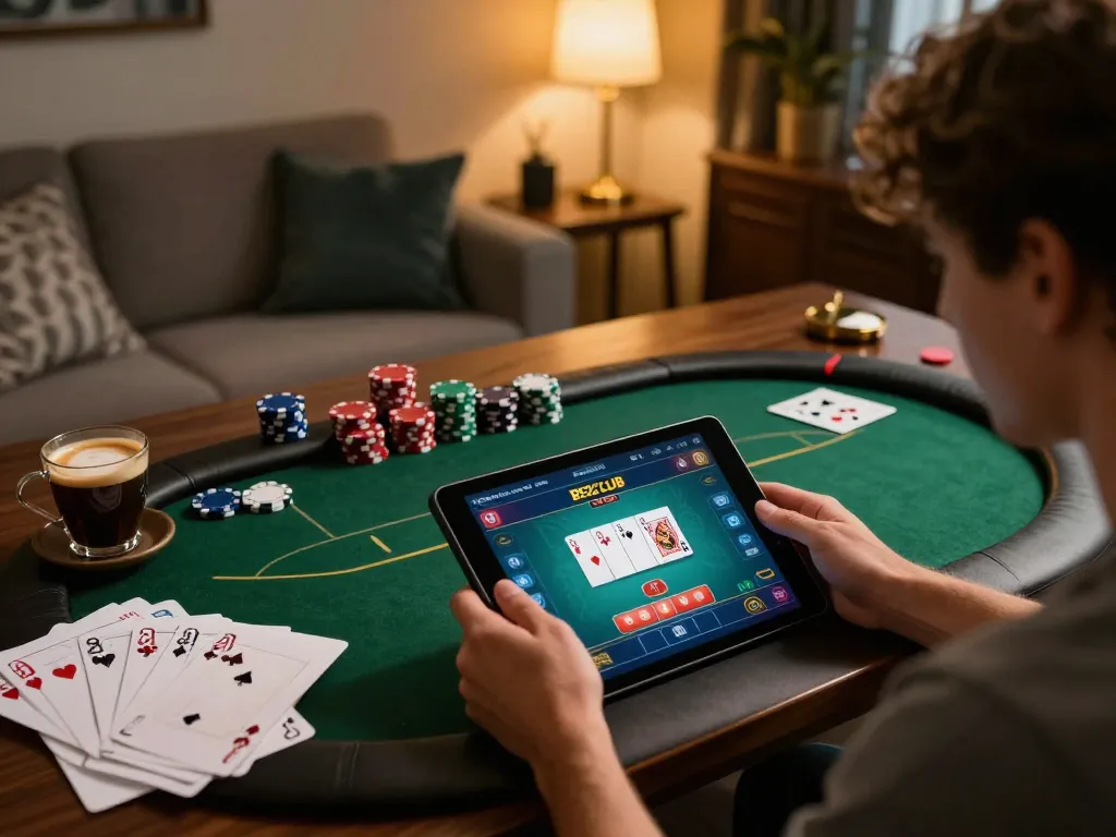 Engaging in an online B52CLUB poker game with vibrant gameplay displayed on a tablet in a cozy home.