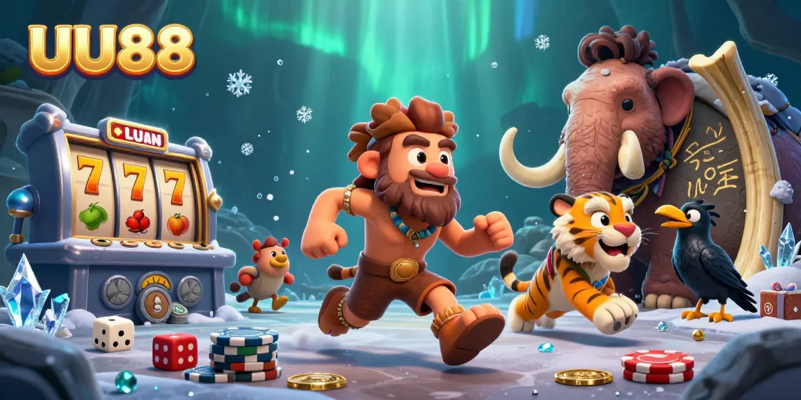 Experience thrilling gaming adventures at UU88 with a prehistoric casino scene and dynamic slot elements.
