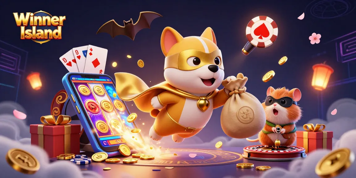 Experience the fun at Winner Island casino with a superhero dog collecting gold coins amid dynamic gaming elements.