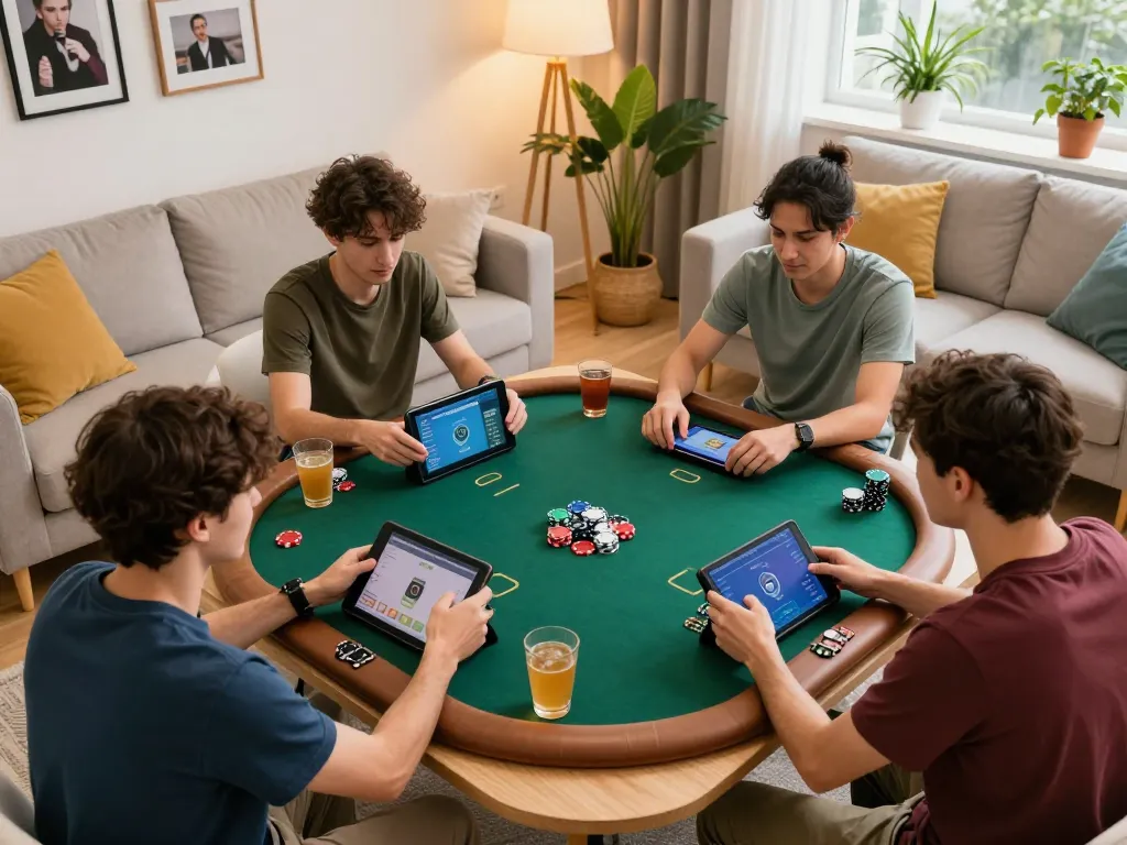 Players engaging in online poker using go8 platform in a cozy living room.