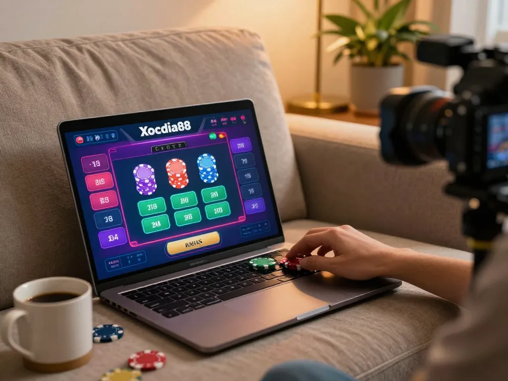 Xocdia88 online gaming action with player interacting with the betting interface in a cozy setting