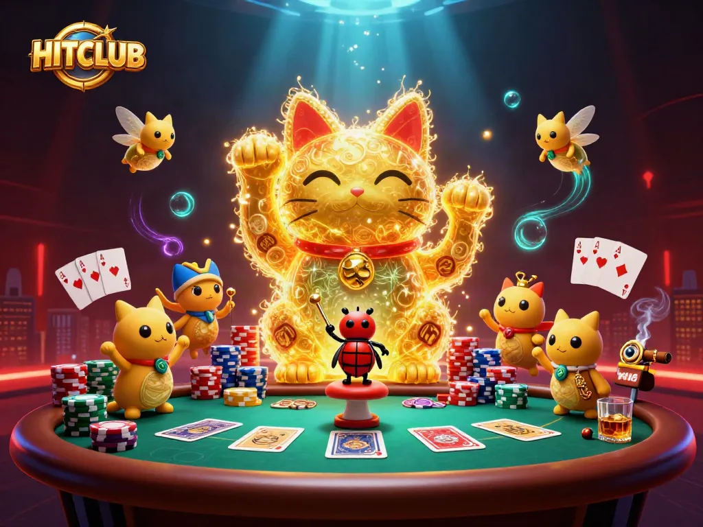 Experience the excitement at HITCLUB, featuring a golden lucky cat and vibrant casino elements.