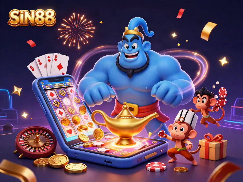 SIN88 players celebrating wins with a blue genie, monkey, and poker chips in an exciting casino scene