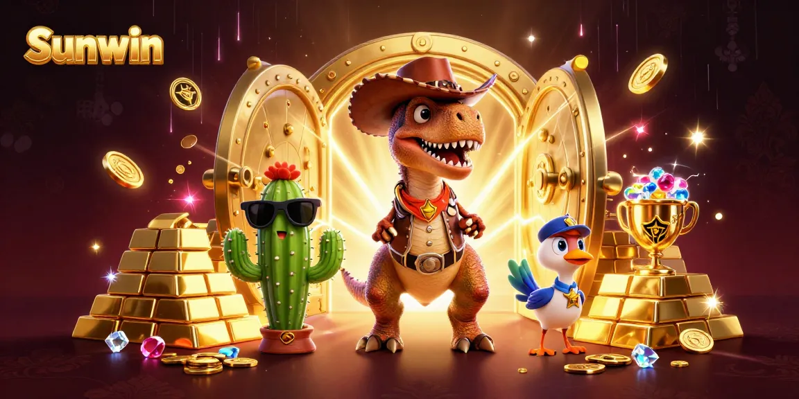Sunwin offers thrilling jackpots in a 3D cartoon casino scene with vibrant characters and treasures.