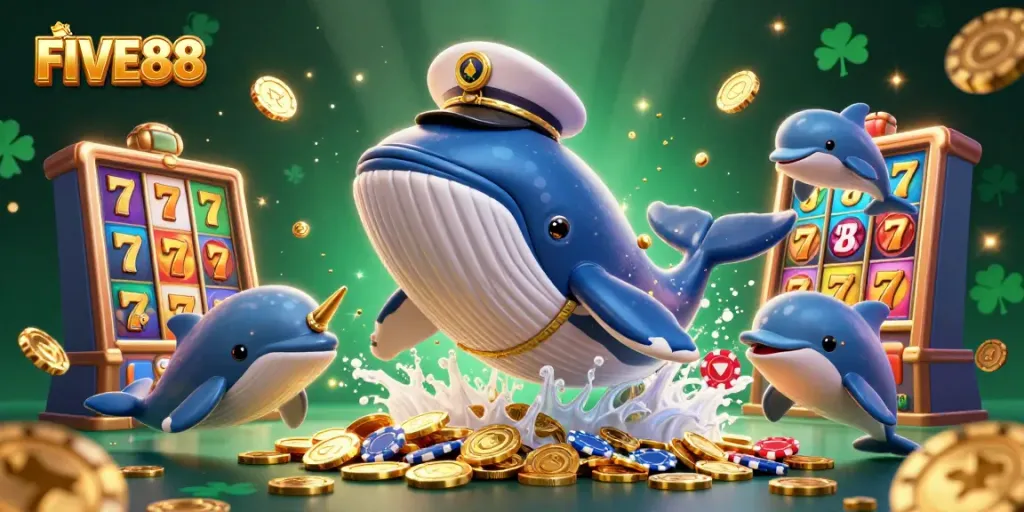 FIVE88 showcases an exciting casino atmosphere with a playful whale, narwhal, and dolphins among vibrant slot machines.