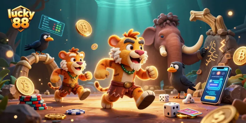 Spin and win big with lucky 88 in an immersive 3D casino scene with playful characters.